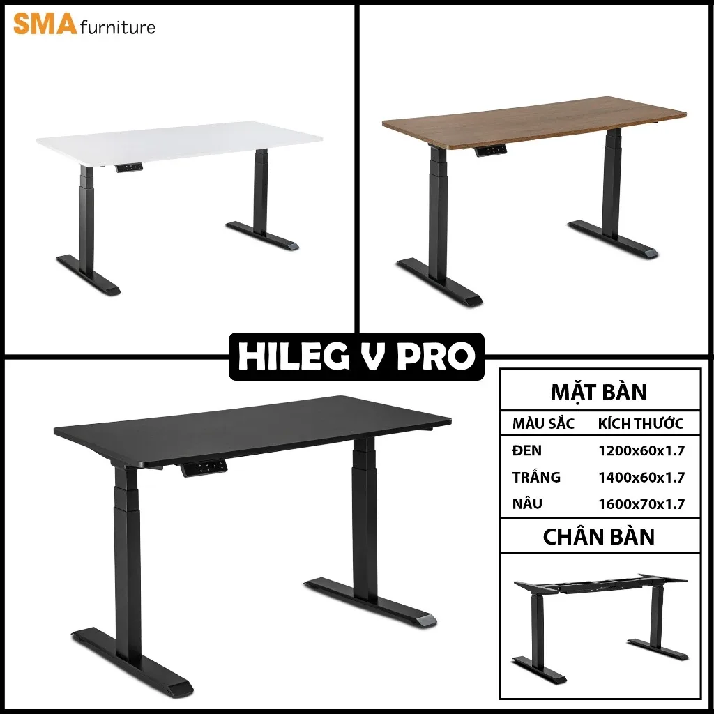 Chân bàn nâng hạ SMA HiLeg-V Pro khung đen với các màu mặt bàn