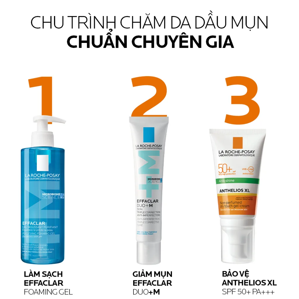 Quy trình 3 bước cho da dầu mụn của La Roche-Posay có Anthelios XL ở bước chống nắng