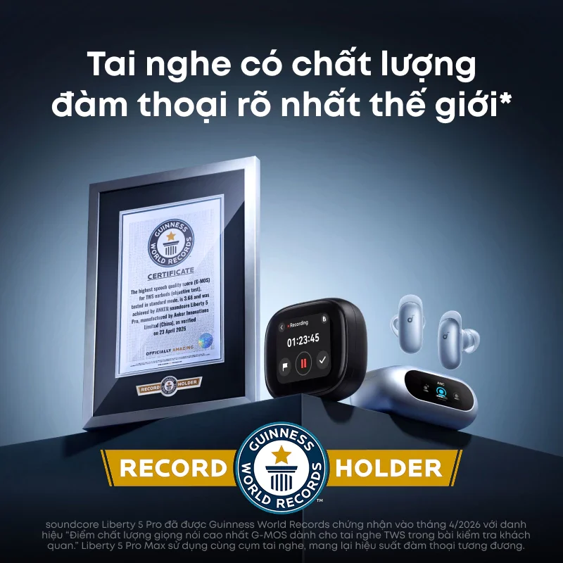 Chứng nhận Guinness World Records về điểm chất lượng đàm thoại G-MOS của Anker Soundcore Liberty 5 Pro